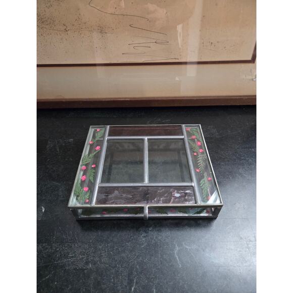 Pressed Flower Stained Glass Jewelry Box 7.5x6.5" Dual Photo Display 3.5x2.75" - Picture 1 of 10